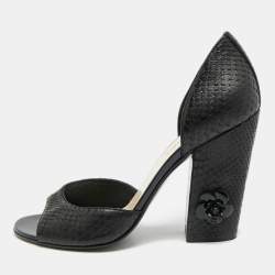 Pre Owned Chanel CC Camellia Size 39.5 Black Snakeskin Leather Flower Embellished D'orsay Block Heel Pumps