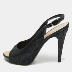 Pre Owned Chanel CC Size 40.5 Black Texture Suede Open Toe Slingback Pumps