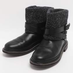 Pre Owned بوت شانيل جلدي وتويد أسود/رمادي بطول الكاحل مقاس 39