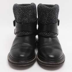 Pre Owned بوت شانيل جلدي وتويد أسود/رمادي بطول الكاحل مقاس 39