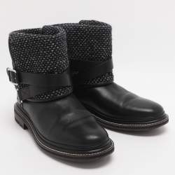 Pre Owned بوت شانيل جلدي وتويد أسود/رمادي بطول الكاحل مقاس 39