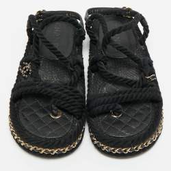 Pre Owned Chanel CC Size 37 Black Rope and Leather Flat Sandals