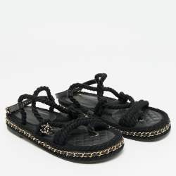 Pre Owned Chanel CC Size 37 Black Rope and Leather Flat Sandals