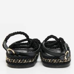Pre Owned Chanel CC Size 37 Black Rope and Leather Flat Sandals