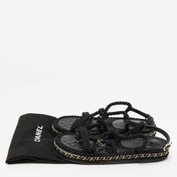 Pre Owned Chanel CC Size 37 Black Rope and Leather Flat Sandals