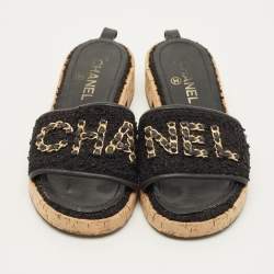 Pre Owned Chanel Size 37.5 Black Leather and Tweed Cork Slide Sandals