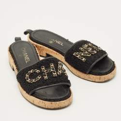 Pre Owned Chanel Size 37.5 Black Leather and Tweed Cork Slide Sandals