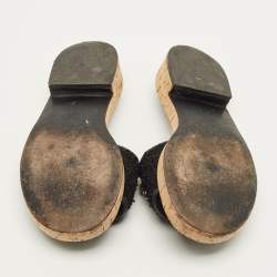 Pre Owned Chanel Size 37.5 Black Leather and Tweed Cork Slide Sandals