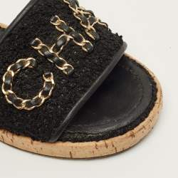 Pre Owned Chanel Size 37.5 Black Leather and Tweed Cork Slide Sandals