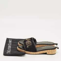 Pre Owned Chanel Size 37.5 Black Leather and Tweed Cork Slide Sandals