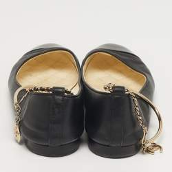 Pre Owned Chanel CC Size 38 Black Leather and Patent Leather Chain Cap Toe Ballet Flats