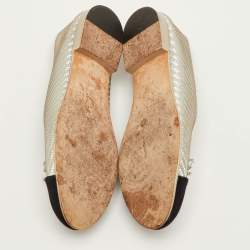 مملوكة مسبقًا Chanel CC Size 36.5 Silver/Black Woven Coated Fabric Bow Cap Toe Ballet Flats