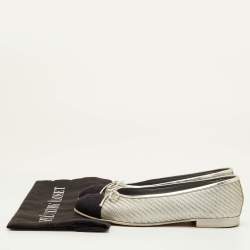 مملوكة مسبقًا Chanel CC Size 36.5 Silver/Black Woven Coated Fabric Bow Cap Toe Ballet Flats