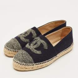 مملوكة مسبقًا Chanel CC Size 38 Navy Blue/Grey Wool Cap Toe Espadrille Flats