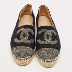 مملوكة مسبقًا Chanel CC Size 38 Navy Blue/Grey Wool Cap Toe Espadrille Flats