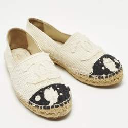 Pre Owned Chanel CC Size 39 White/Black Knit Fabric Espadrille Flats