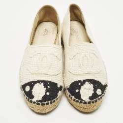 Pre Owned Chanel CC Size 39 White/Black Knit Fabric Espadrille Flats