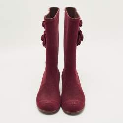 مملوكة مسبقًا Chanel Burgundy Size 40 Velvet Camellia Embellished CC Rain Boots 