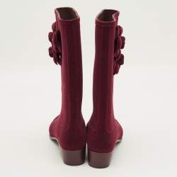 مملوكة مسبقًا Chanel Burgundy Size 40 Velvet Camellia Embellished CC Rain Boots 