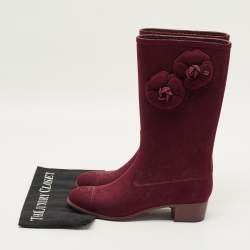 مملوكة مسبقًا Chanel Burgundy Size 40 Velvet Camellia Embellished CC Rain Boots 