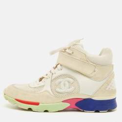 Pre Owned Chanel CC Size 38 Beige/White Mesh and Suede High Top Sneakers