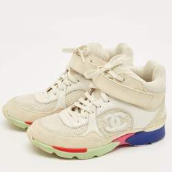 Pre Owned Chanel CC Size 38 Beige/White Mesh and Suede High Top Sneakers