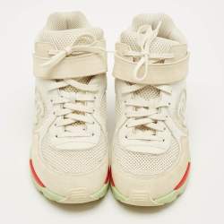 Pre Owned Chanel CC Size 38 Beige/White Mesh and Suede High Top Sneakers