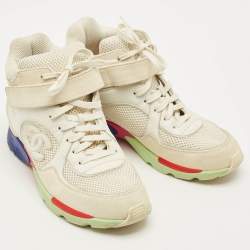 Pre Owned Chanel CC Size 38 Beige/White Mesh and Suede High Top Sneakers