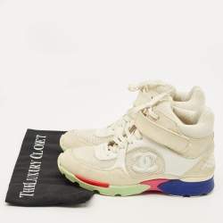 Pre Owned Chanel CC Size 38 Beige/White Mesh and Suede High Top Sneakers