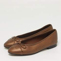 Pre Owned Chanel CC Bow Size 37.5 Brown Leather Cap Toe Ballet Flats
