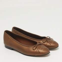 Pre Owned Chanel CC Bow Size 37.5 Brown Leather Cap Toe Ballet Flats