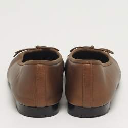 Pre Owned Chanel CC Bow Size 37.5 Brown Leather Cap Toe Ballet Flats