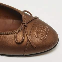 Pre Owned Chanel CC Bow Size 37.5 Brown Leather Cap Toe Ballet Flats