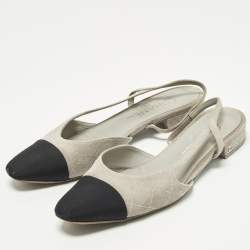 Pre Owned Chanel CC Size 39 Grey/Black Canvas and Suede Slingback Flats