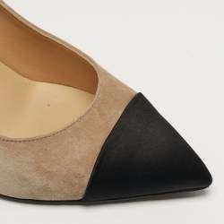Pre Owned Chanel CC Size 38 Black/Beige Satin and Suede Pumps