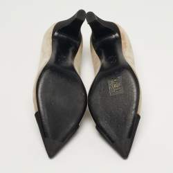 Pre Owned Chanel CC Size 38 Black/Beige Satin and Suede Pumps