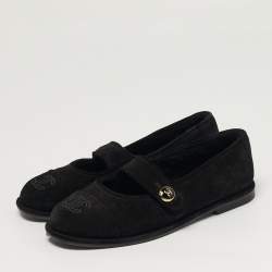 Pre Owned Chanel CC Size 36.5 Black Suede Mary Jane Ballet Flats