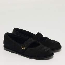 Pre Owned Chanel CC Size 36.5 Black Suede Mary Jane Ballet Flats