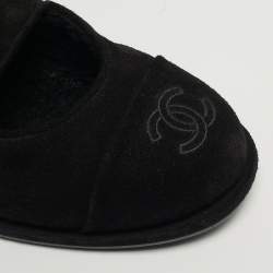 Pre Owned Chanel CC Size 36.5 Black Suede Mary Jane Ballet Flats