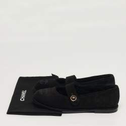 Pre Owned Chanel CC Size 36.5 Black Suede Mary Jane Ballet Flats