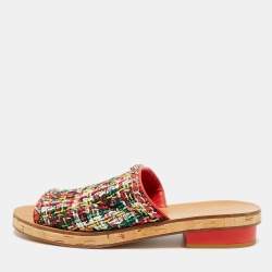 مملوكة مسبقًا Chanel Size 41.5 Multicolor Tweed and Leather Chain Detail Slide Sandals 