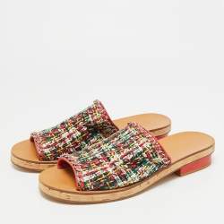 Pre Owned Chanel Size 41.5 Multicolor Tweed and Leather Chain Detail Slide Sandals