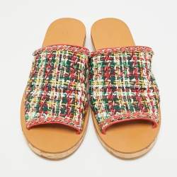 Pre Owned Chanel Size 41.5 Multicolor Tweed and Leather Chain Detail Slide Sandals