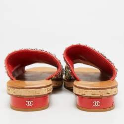 Pre Owned Chanel Size 41.5 Multicolor Tweed and Leather Chain Detail Slide Sandals