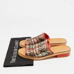 Pre Owned Chanel Size 41.5 Multicolor Tweed and Leather Chain Detail Slide Sandals