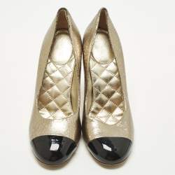 Pre Owned Chanel CC Size 39.5 Black/Gold Leather and Patent Leather Wedge Pumps