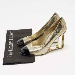 Pre Owned Chanel CC Size 39.5 Black/Gold Leather and Patent Leather Wedge Pumps