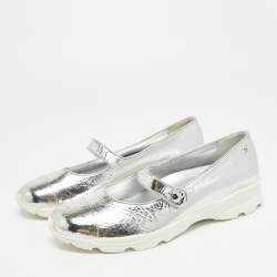 Pre Owned Chanel Size 38.5 Silver Leather Mary Jane Sneakers