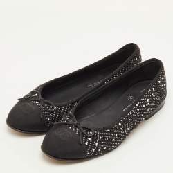 Pre Owned Chanel CC Size 38.5 Black Fabric and Tweed Bow Cap Toe Ballet Flats
