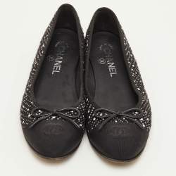 Pre Owned Chanel CC Size 38.5 Black Fabric and Tweed Bow Cap Toe Ballet Flats